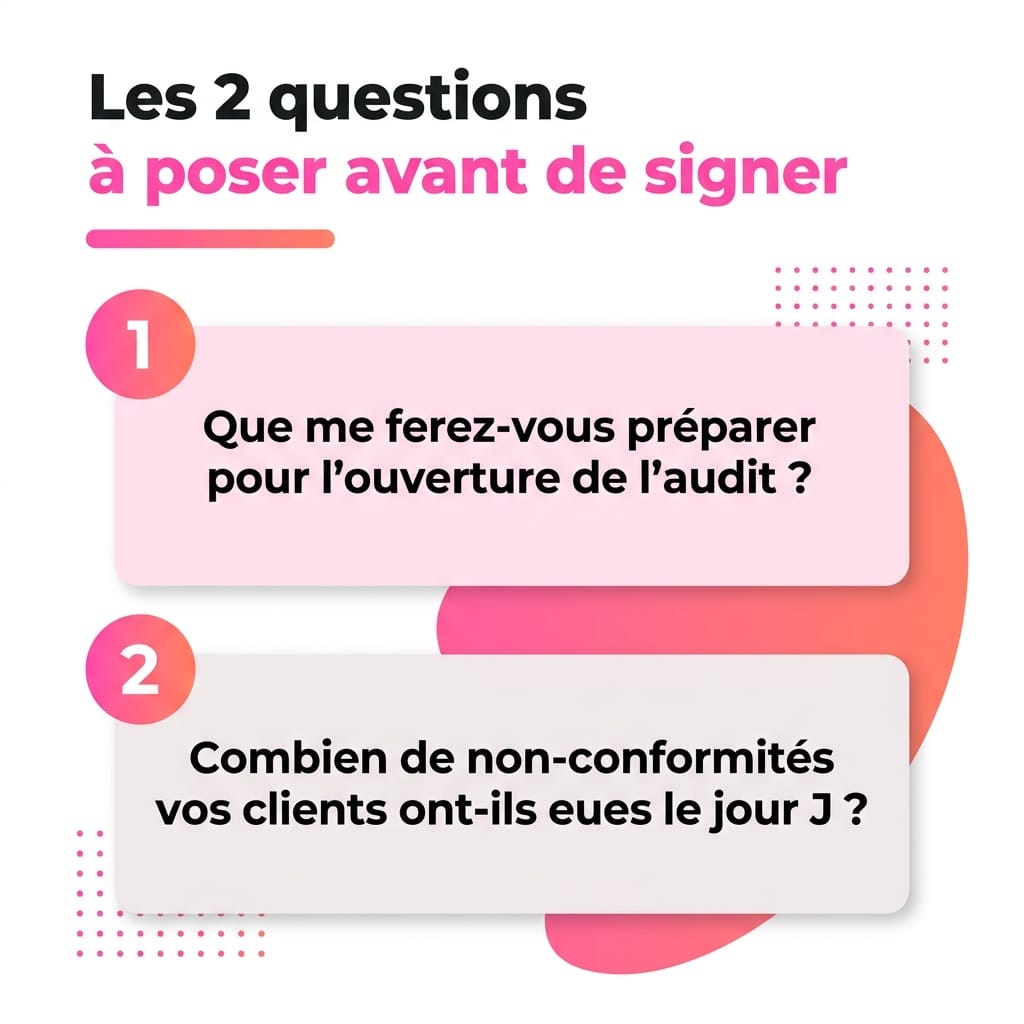 Les deux questions à poser à un accompagnateur Qualiopi avant de signer : ce qu'il fera préparer pour l'ouverture de l'audit, et le nombre de non-conformités de ses clients