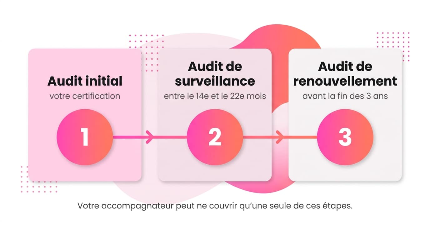 Frise du cycle Qualiopi de trois ans : audit initial, audit de surveillance entre le 14e et le 22e mois, audit de renouvellement avant la fin du cycle